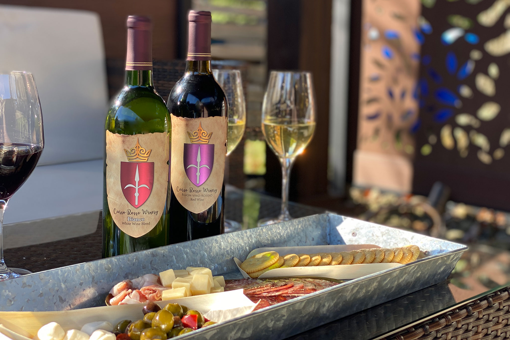 Wine and Charcuterie on Carso Rosso Winery's private patio area
